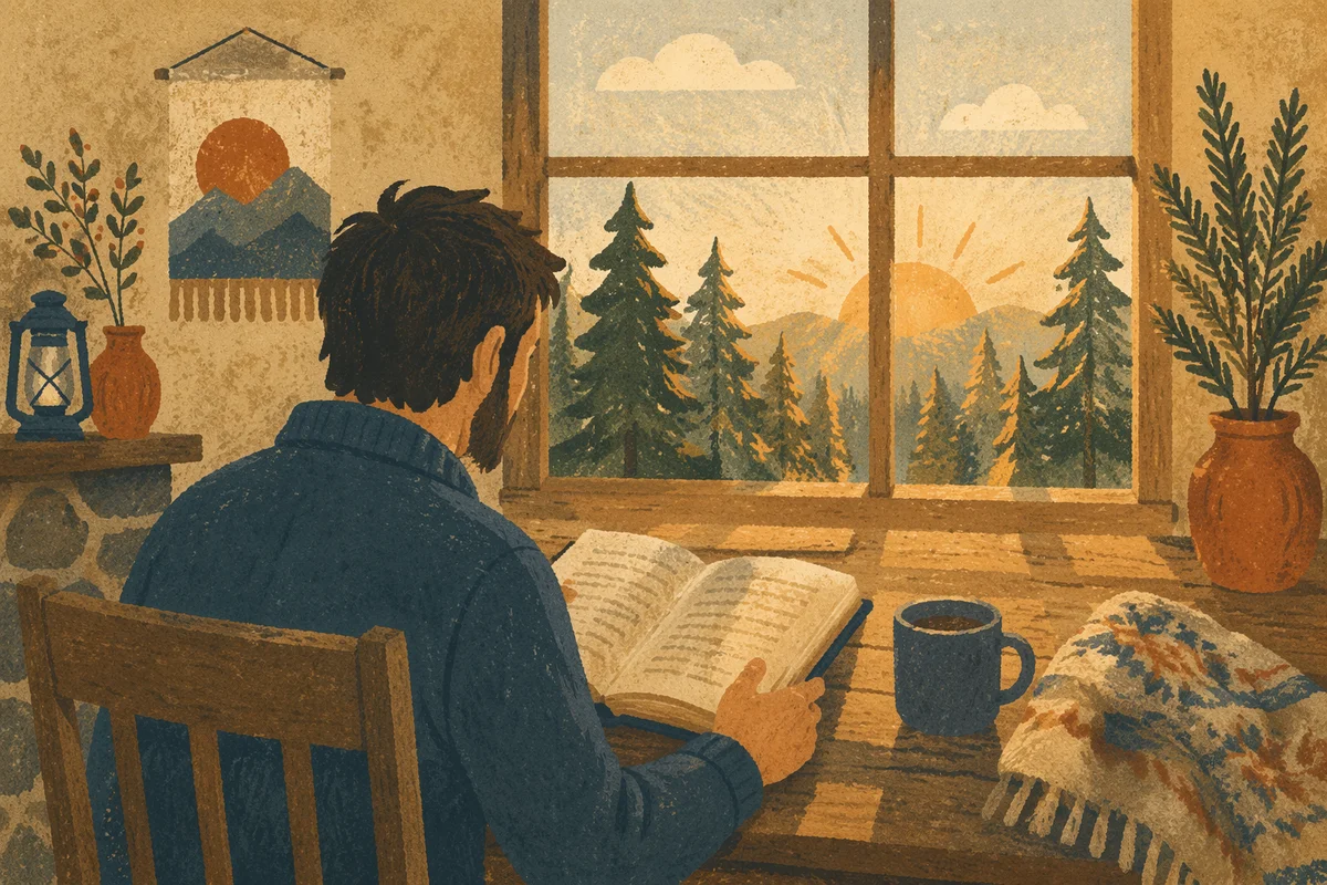 Man Reading Bible in Morning Cabin Light