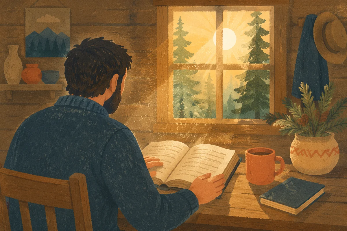 Morning Bible Reading in Quiet Evergreen Cabin