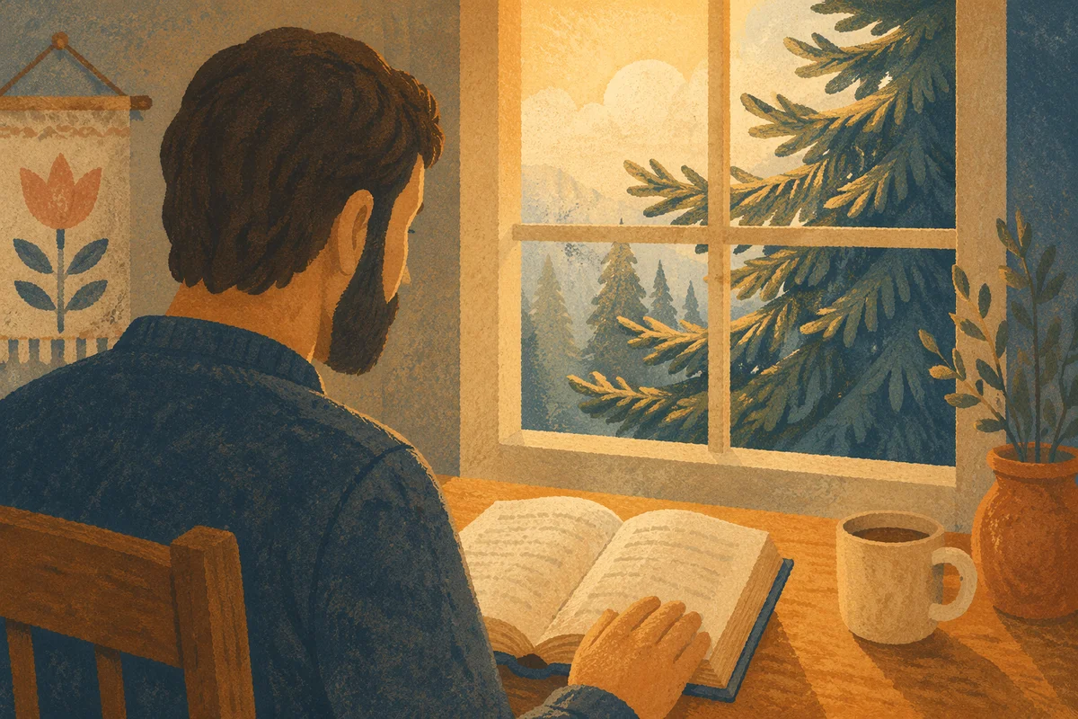 Morning Bible Reading by Evergreen Window