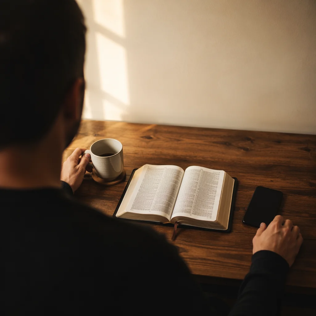 Morning Bible Devotion at Wooden Desk