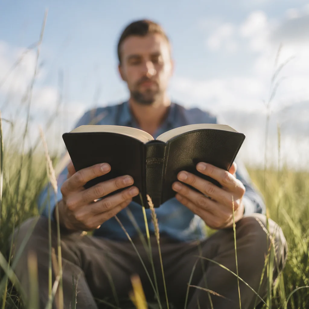 Man Reading Bible in Morning Meadow