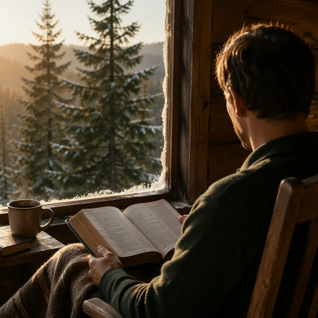 Man Reading Bible in Morning Cabin Light