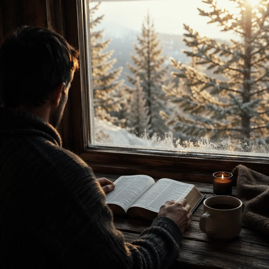 Man Reading Bible by Winter Pines