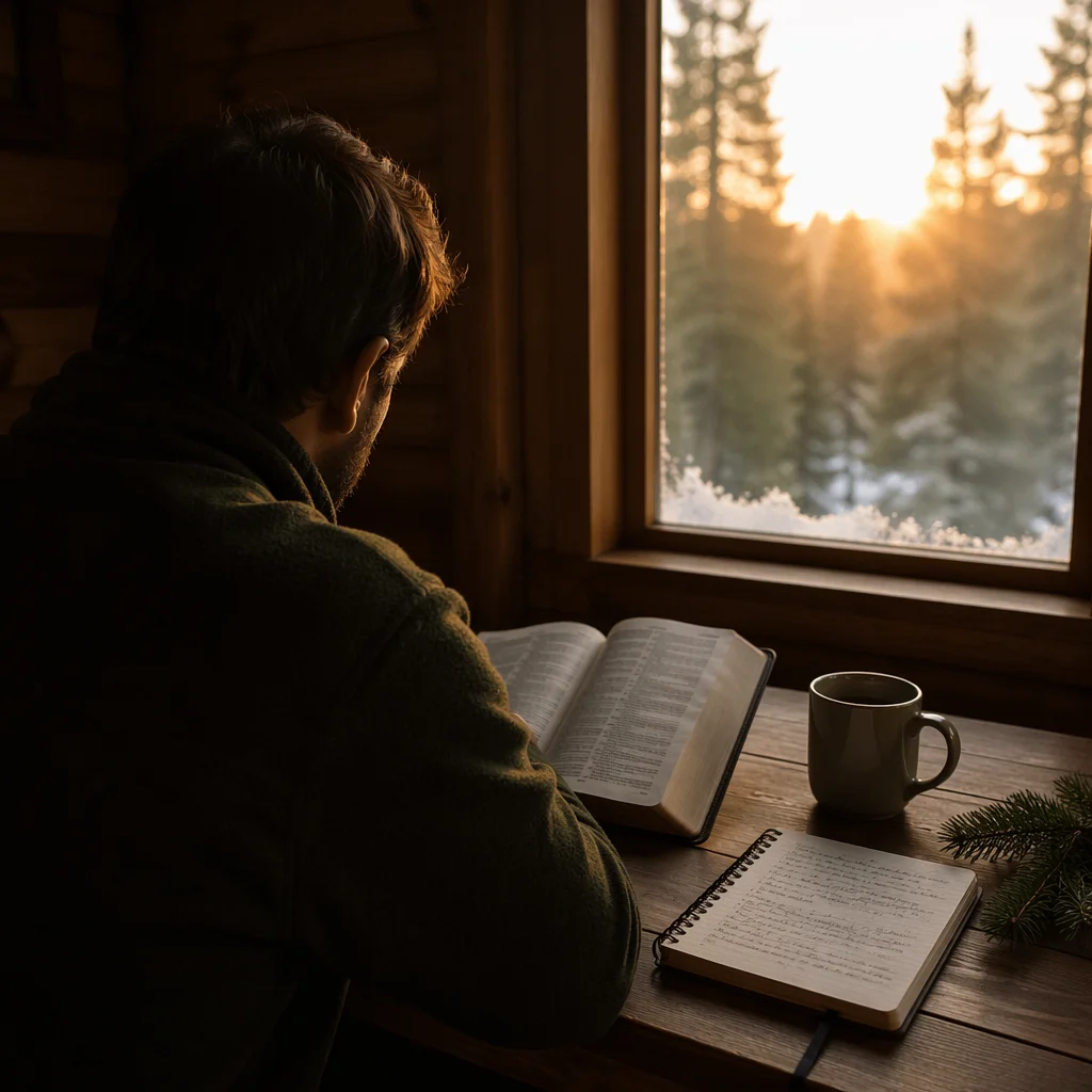 Man Reading Bible in Morning Cabin Light
