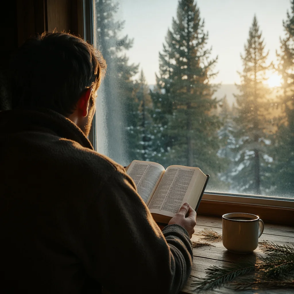 Morning Bible Reading by Evergreen Cabin Window
