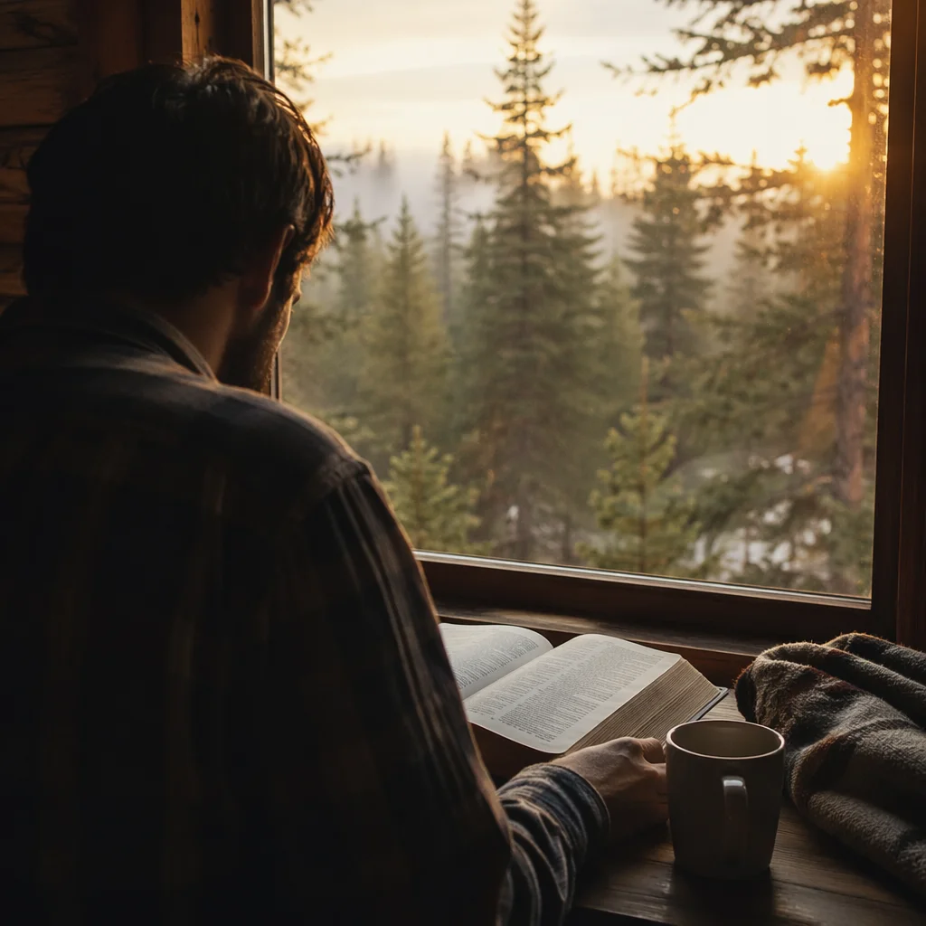 Morning Bible Reading in Evergreen Cabin