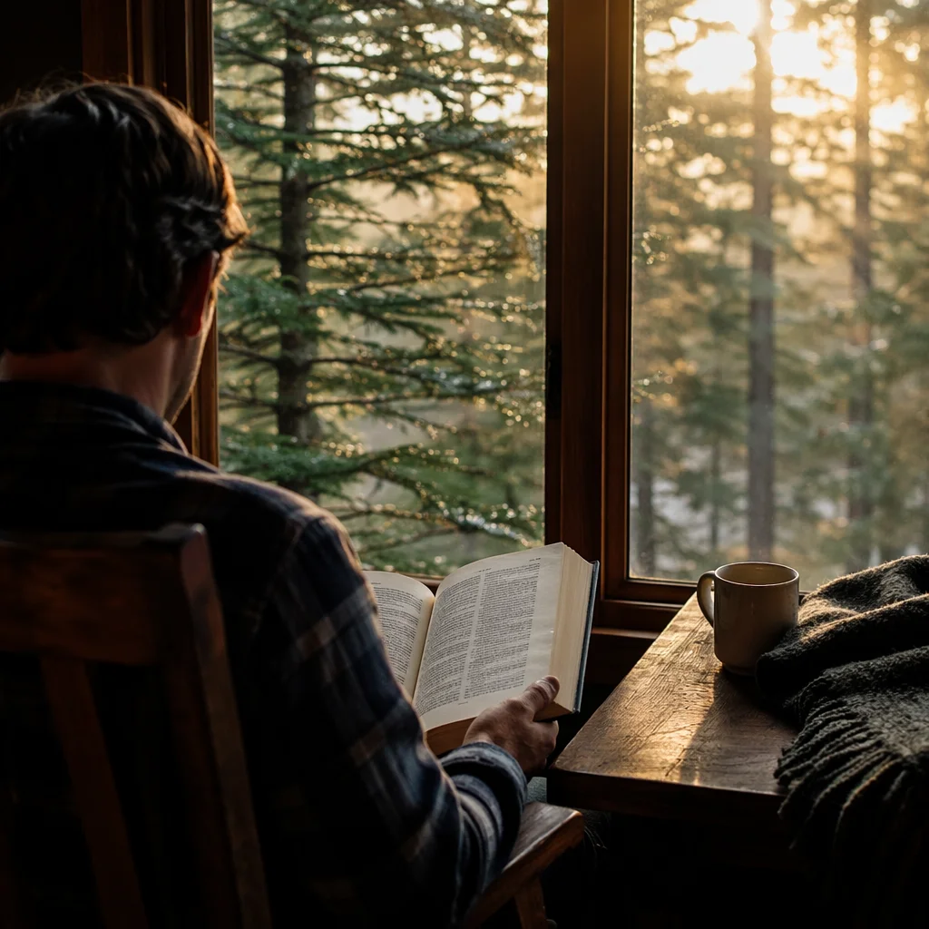 Man Reading Bible in Morning Cabin Light