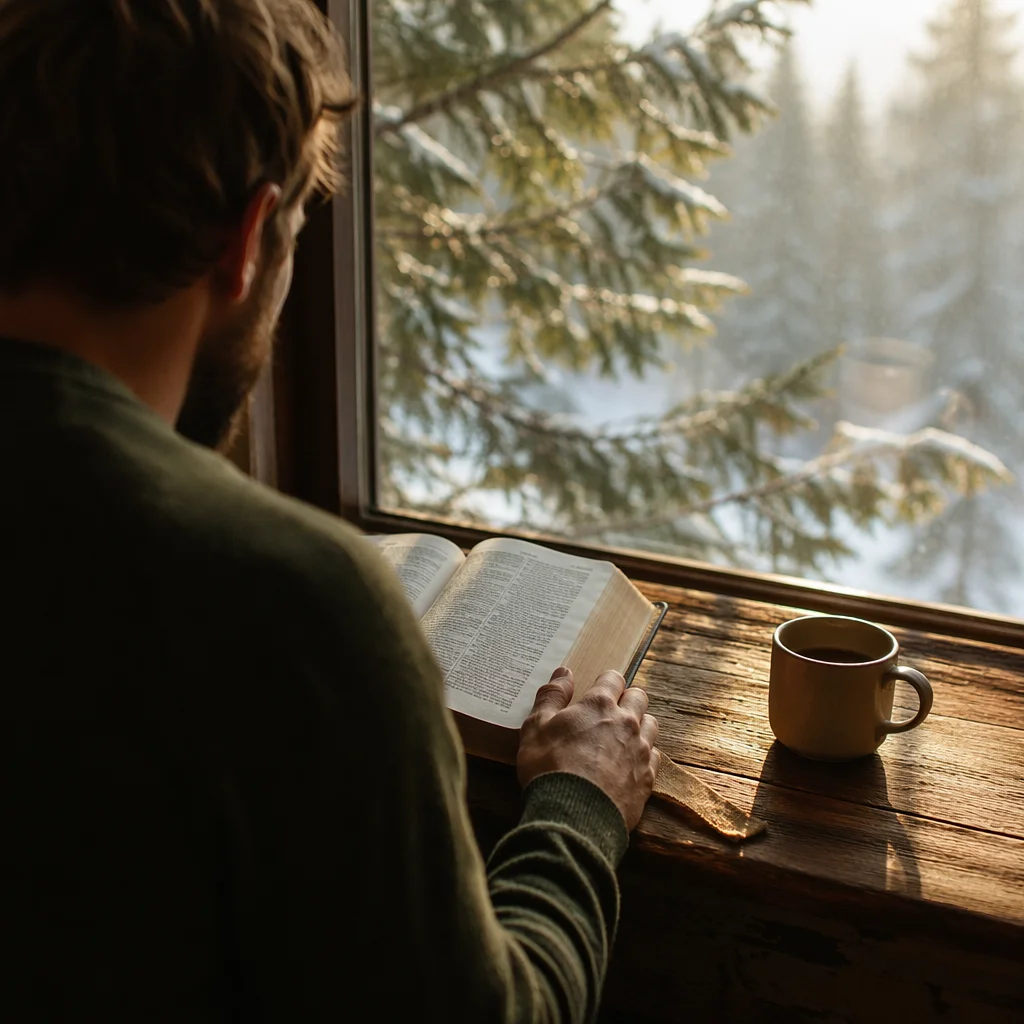 Man Reading Bible in Morning Evergreen Light