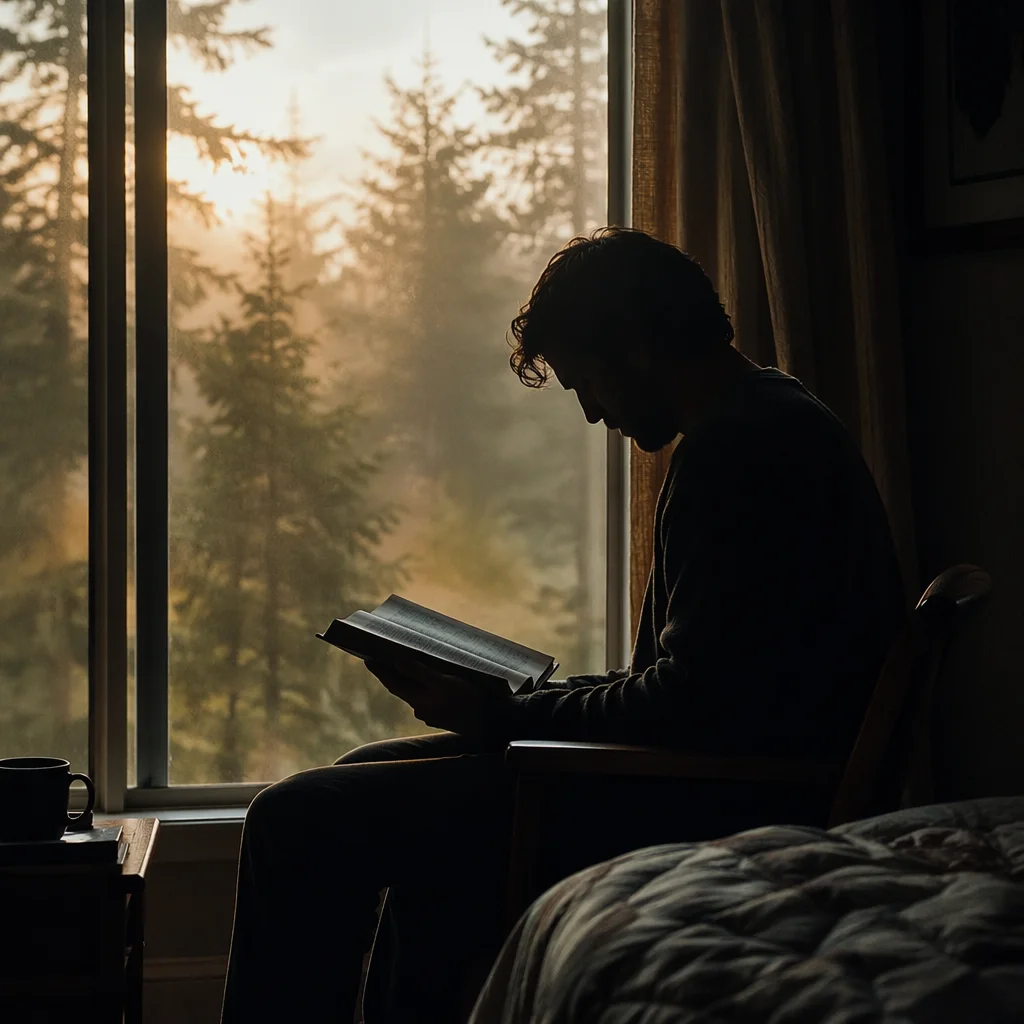 Man Reading Bible in Morning Window Light