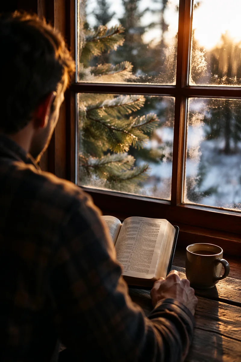Morning Bible Reading by Evergreen Cabin Window