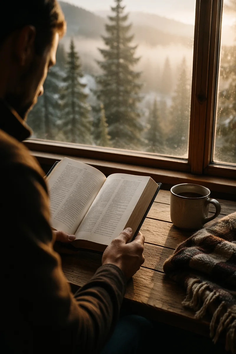 Morning Bible Reading by Evergreen Window