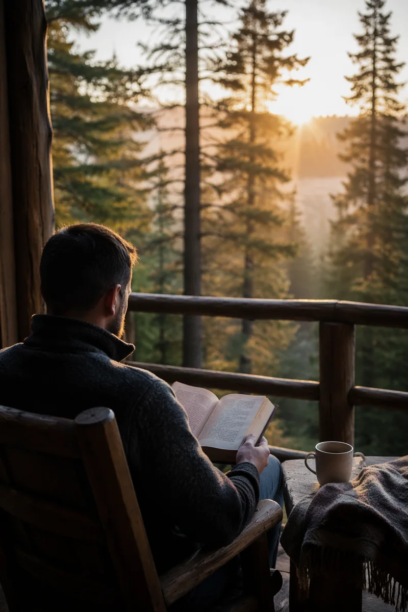 Man Reading Bible in Morning Pines
