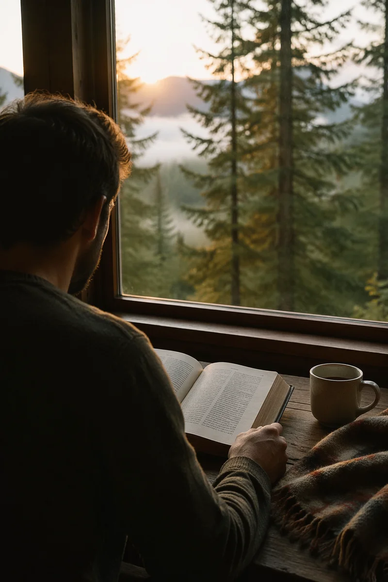 Man Reading Bible in Morning Cabin Light