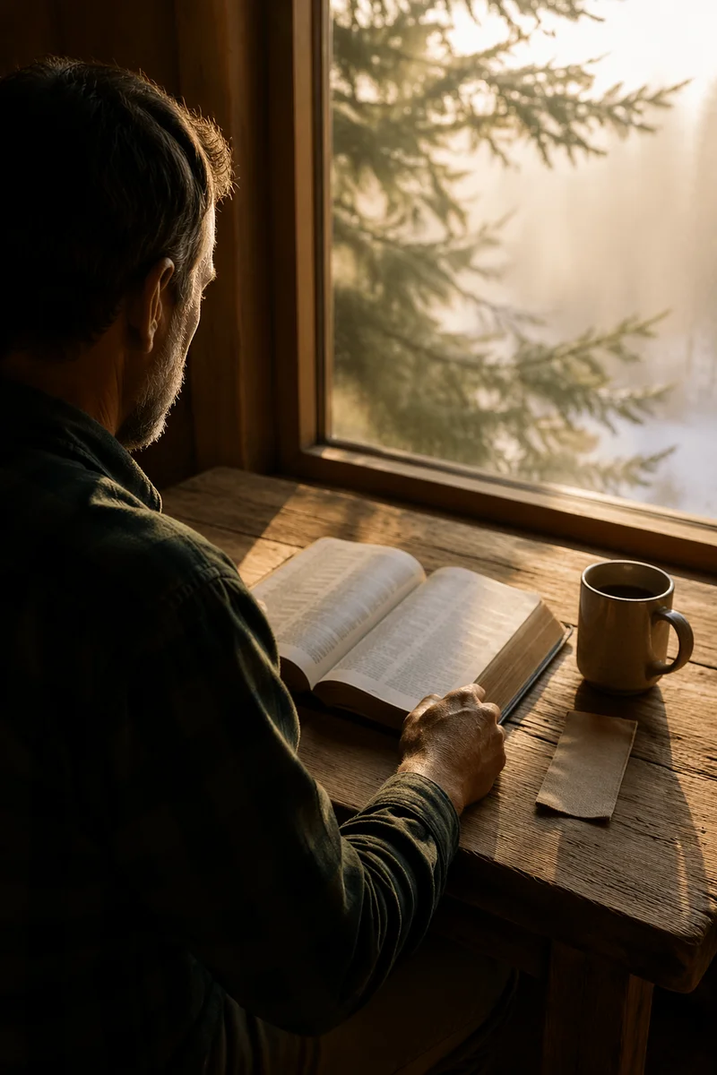 Morning Bible Reading by Evergreen Window