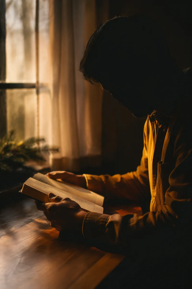 Man Reading Bible in Morning Window Light