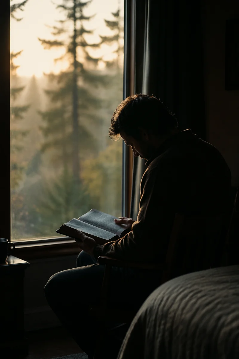 Man Reading Bible in Morning Window Light
