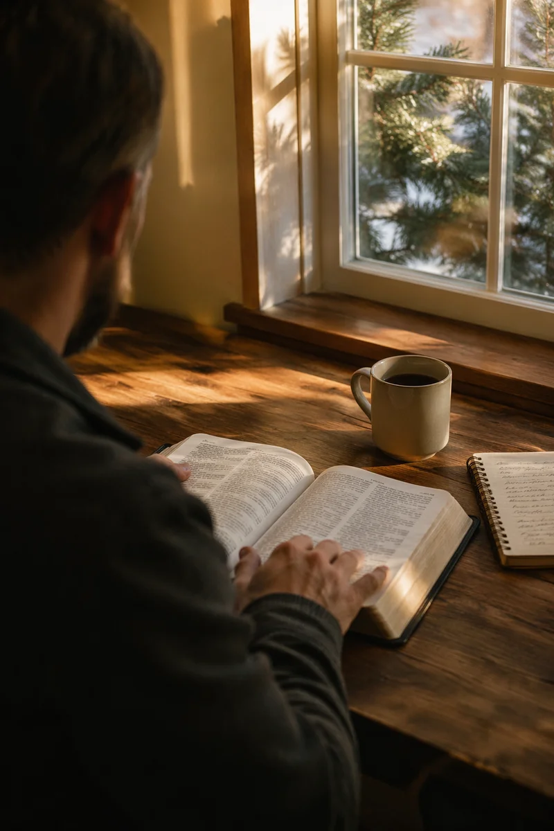 Morning Bible Reading by Evergreen Window