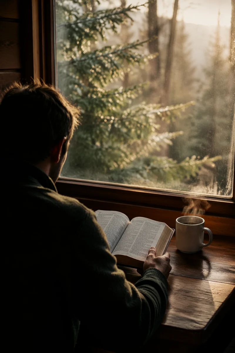Man Reading Bible in Morning Cabin Light