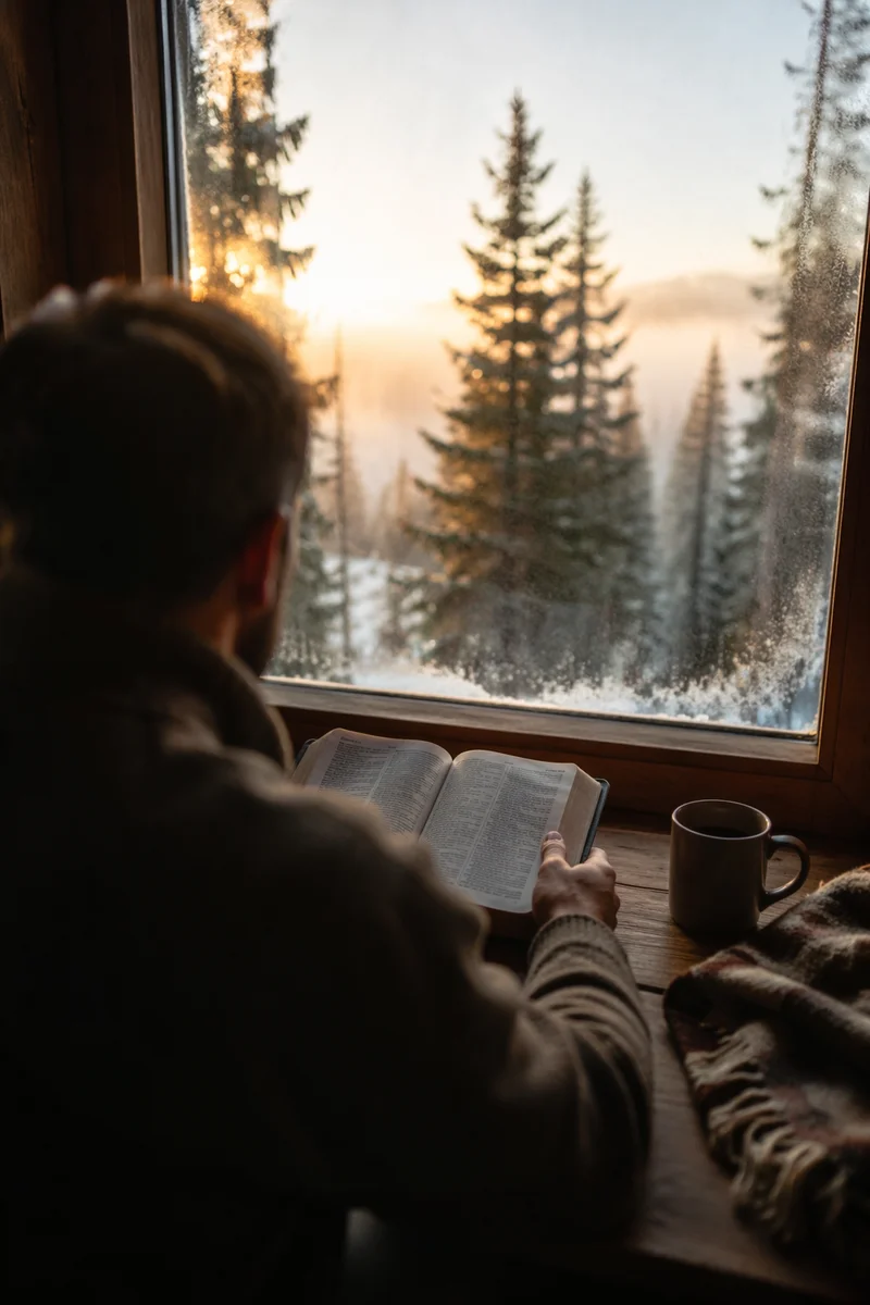 Man Reading Bible in Morning Cabin Light
