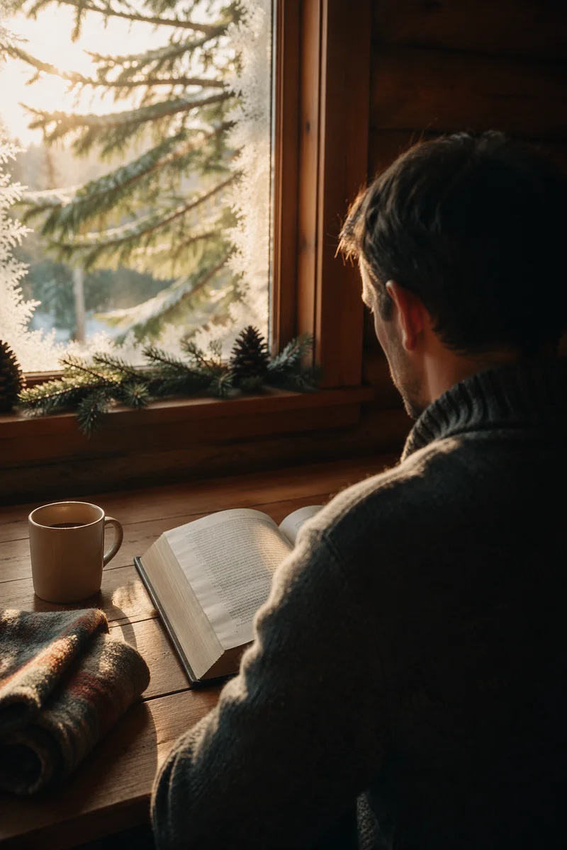 Man Reading Bible in Morning Cabin Light