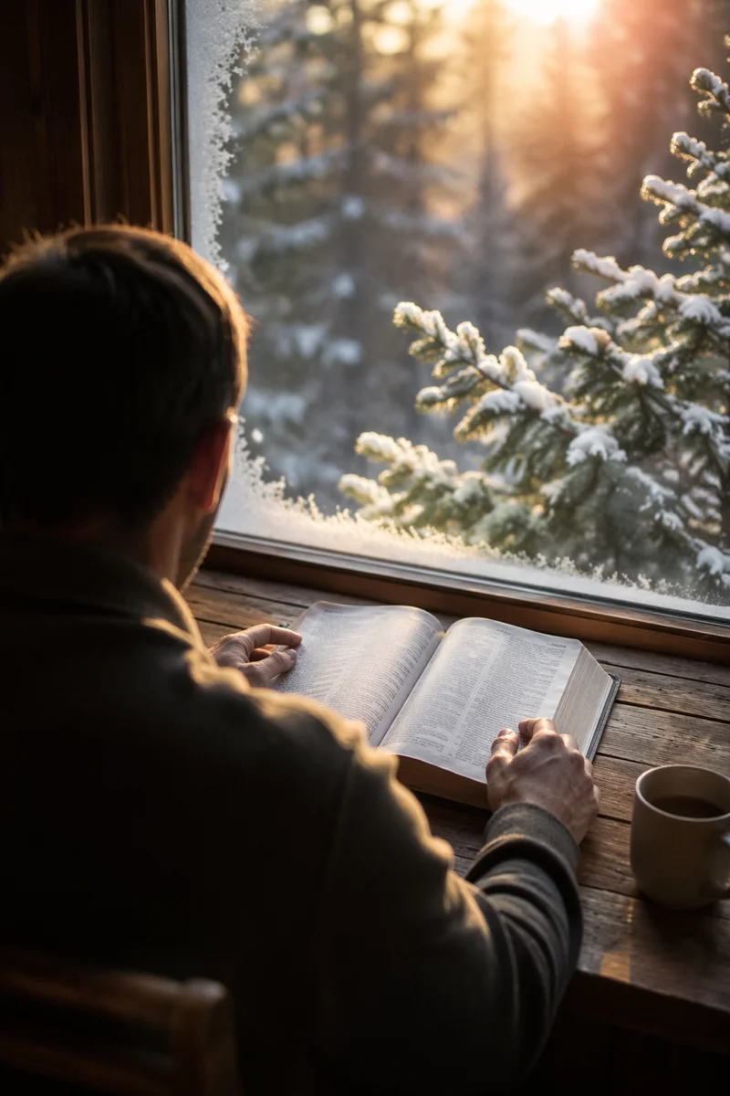 Morning Bible Reading by Frosted Window