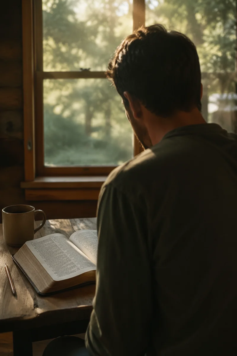 Man Reading Bible in Morning Cabin Light