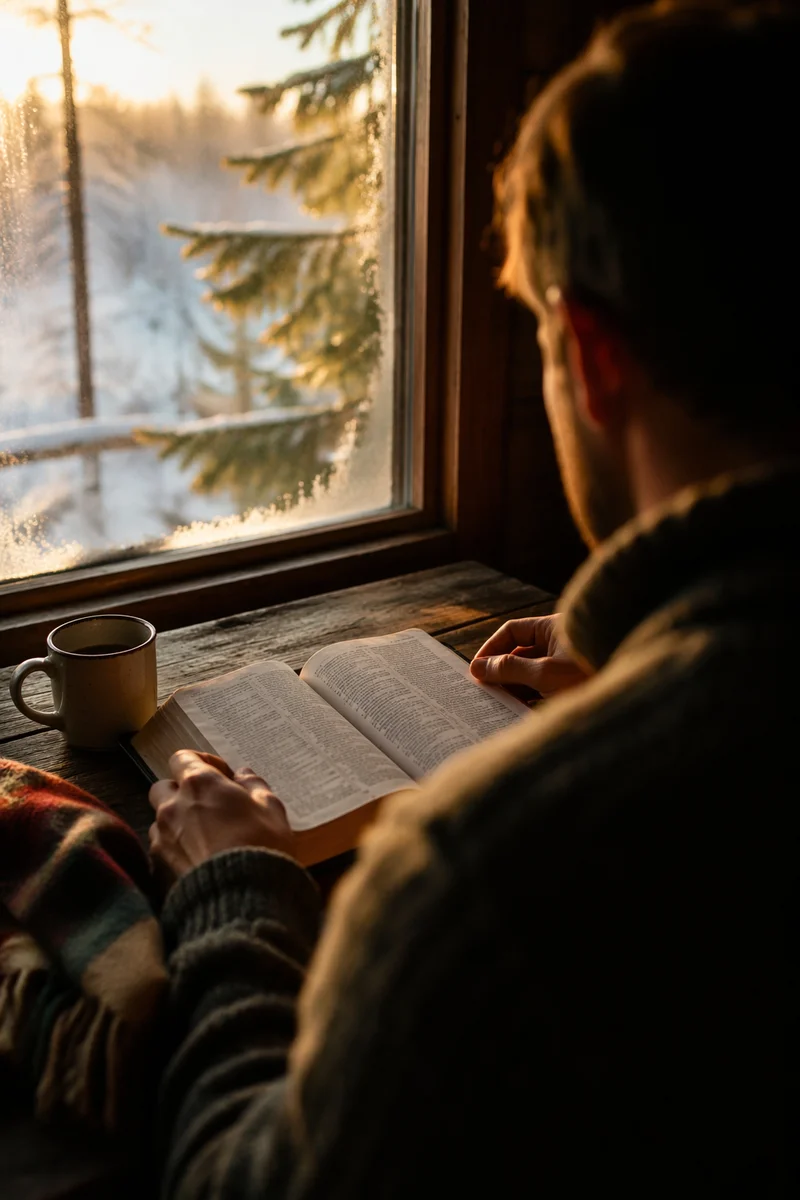 Morning Bible Reading by Frosted Evergreen Window