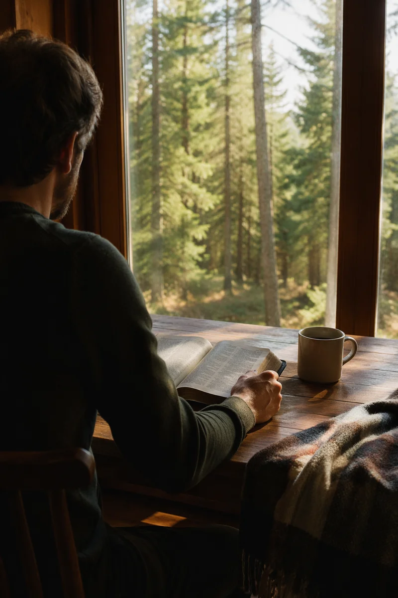 Man Reading Bible in Morning Cabin Light