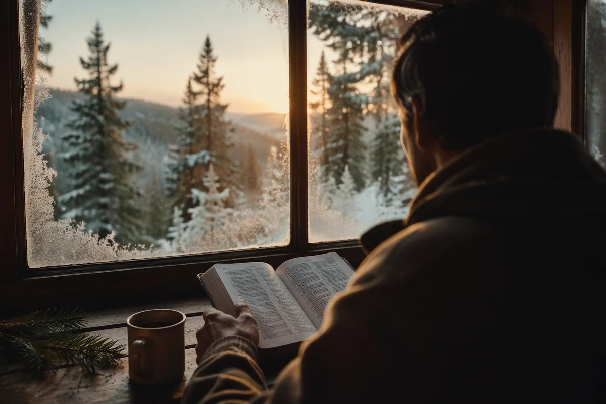 Man Reading Bible by Cabin Window
