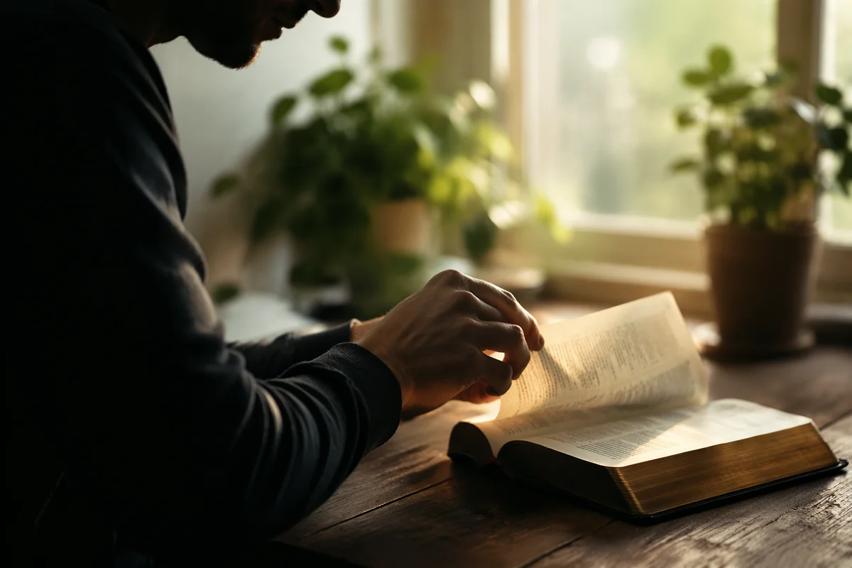 Man Reading Bible in Morning Window Light