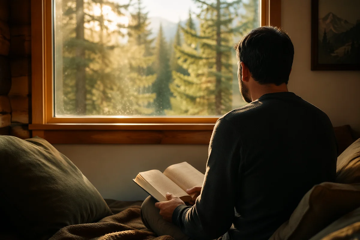 Man Reading Bible in Morning Cabin Light