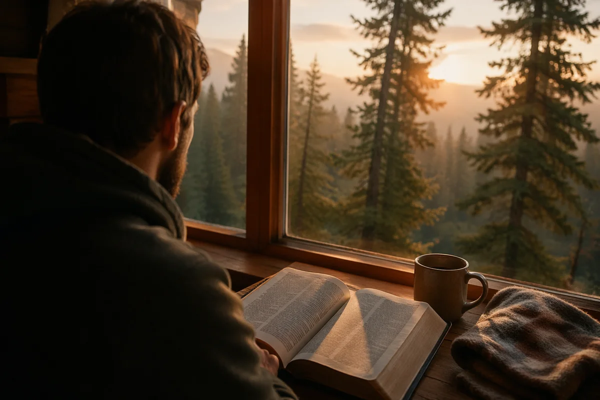 Man Reading Bible in Morning Cabin Light