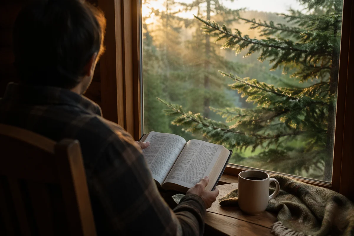 Morning Bible Reading by Evergreen Window