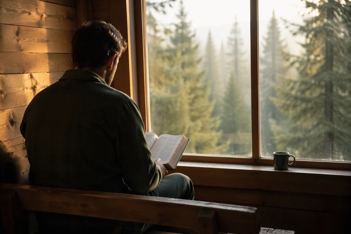 Morning Bible Reading in Evergreen Cabin