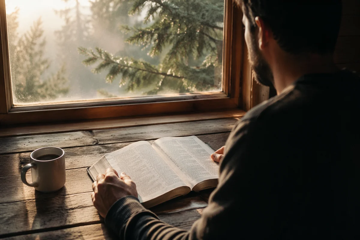 Morning Bible Reading by Evergreen Window