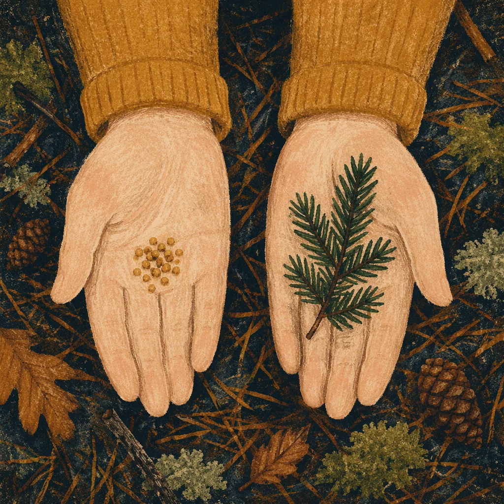 Mustard Seeds and Evergreen Sprig in Open Hands