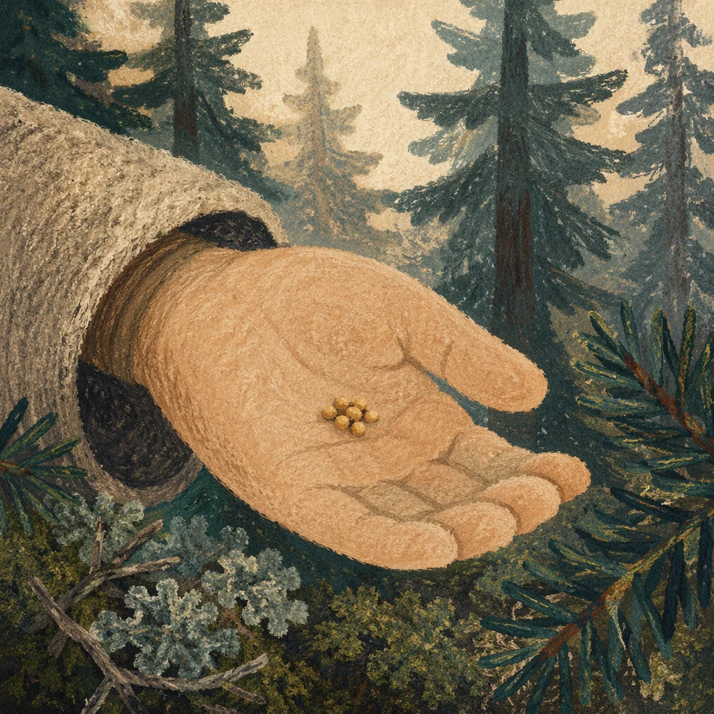 Mustard Seeds in Palm Among Evergreens