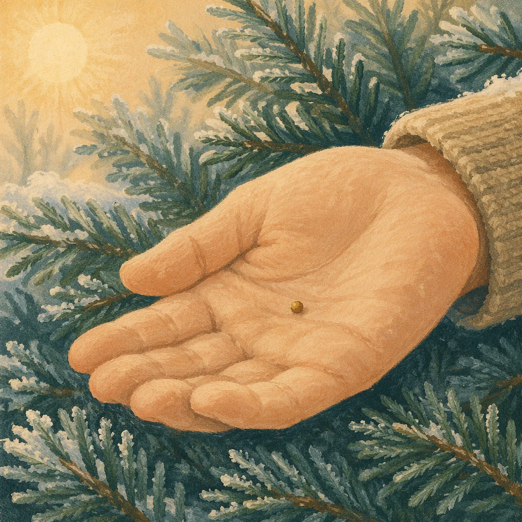 Mustard Seed in Hand with Evergreens