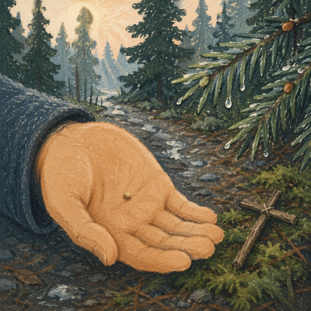 Mustard Seed in Hand on Evergreen Path