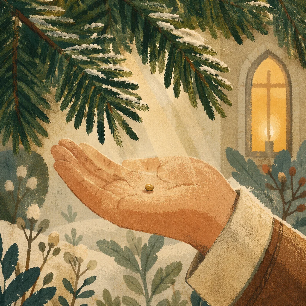 Mustard Seed in Palm Beneath Evergreen