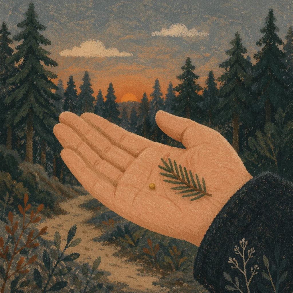 Mustard Seed in Palm with Evergreen Sprig