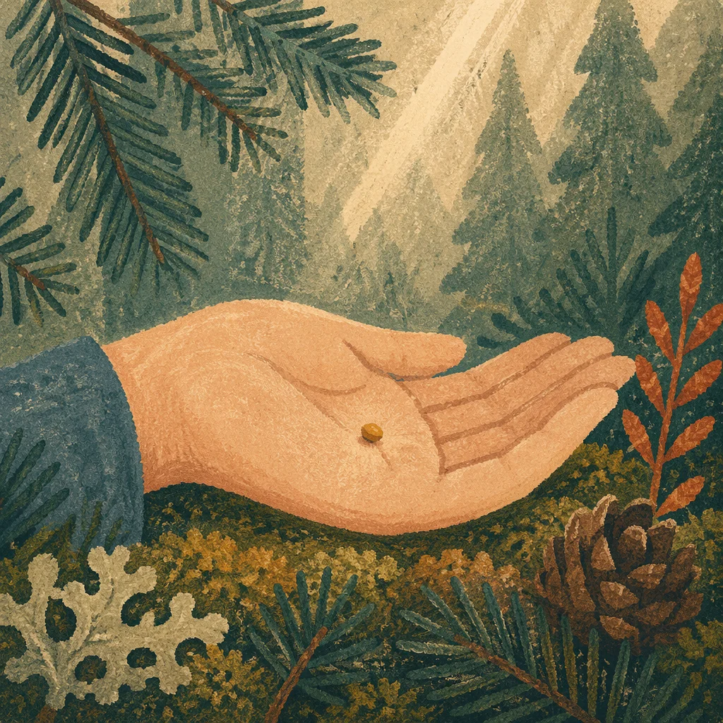 Mustard Seed in Open Palm Among Evergreens
