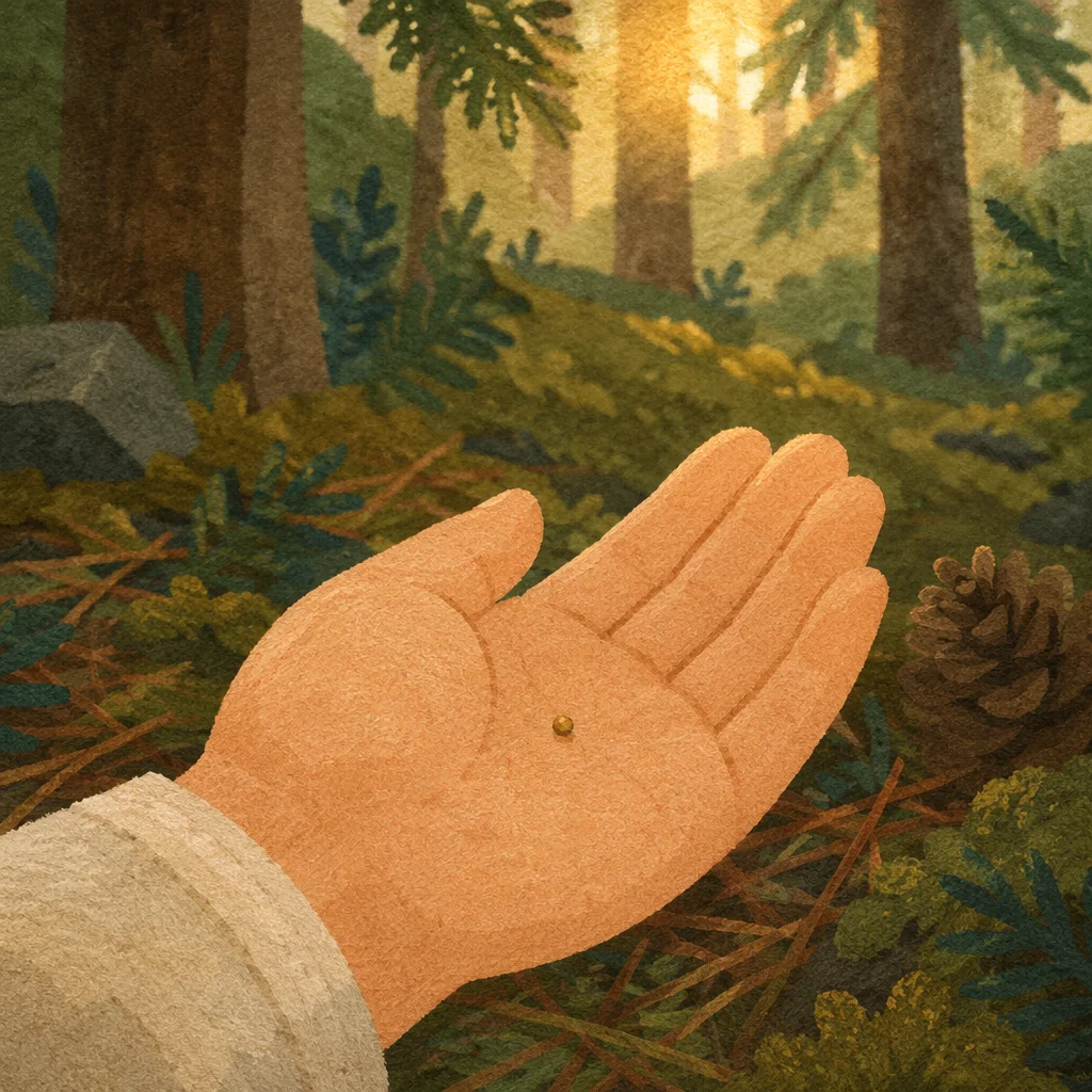 Mustard Seed in Hand Among Evergreens