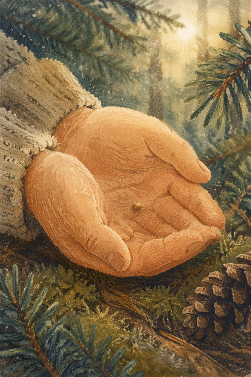 Mustard Seed in Hands Over Evergreen Moss