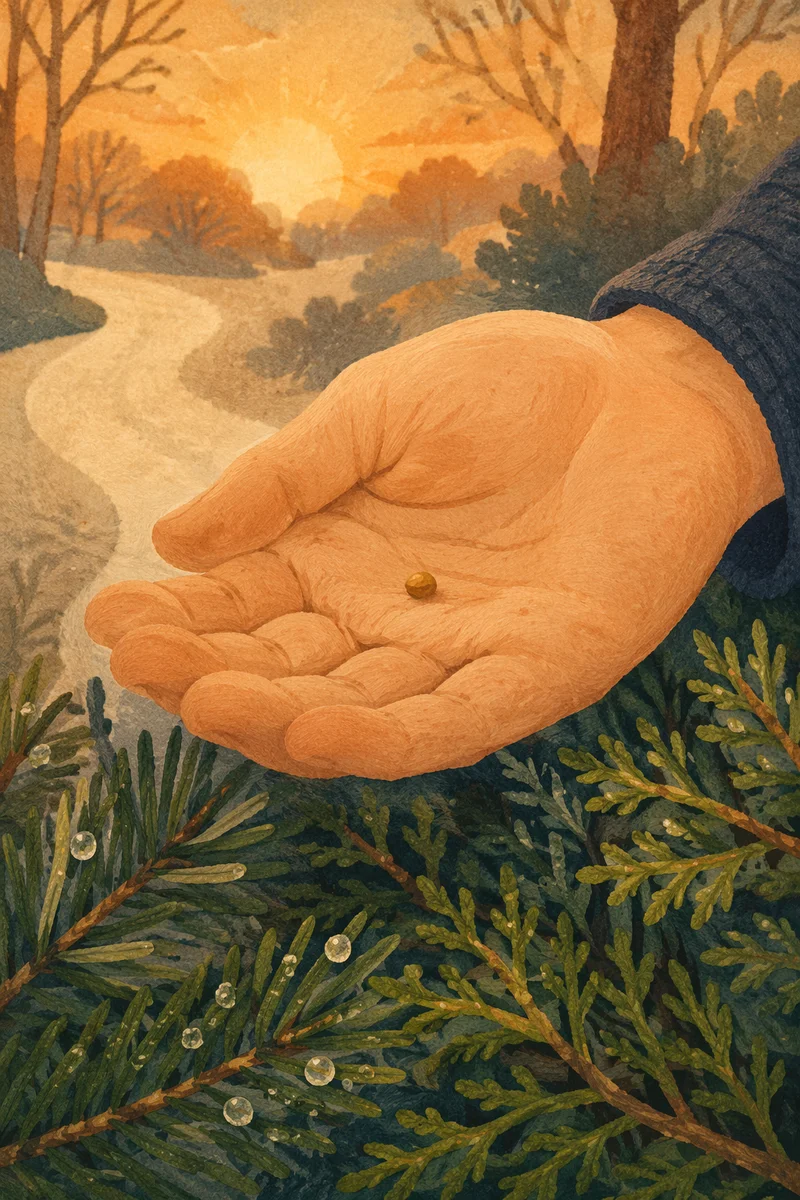 Mustard Seed in Hand Over Evergreens