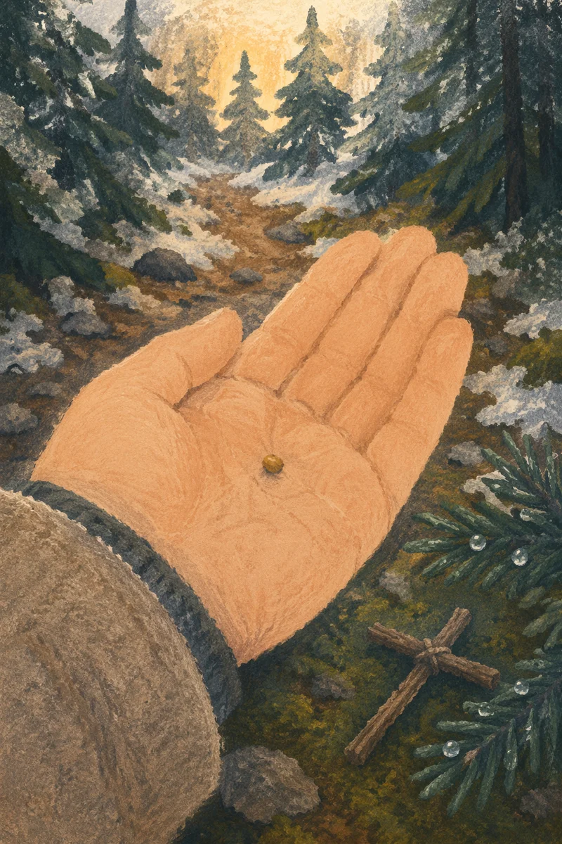 Mustard Seed in Hand on Evergreen Path