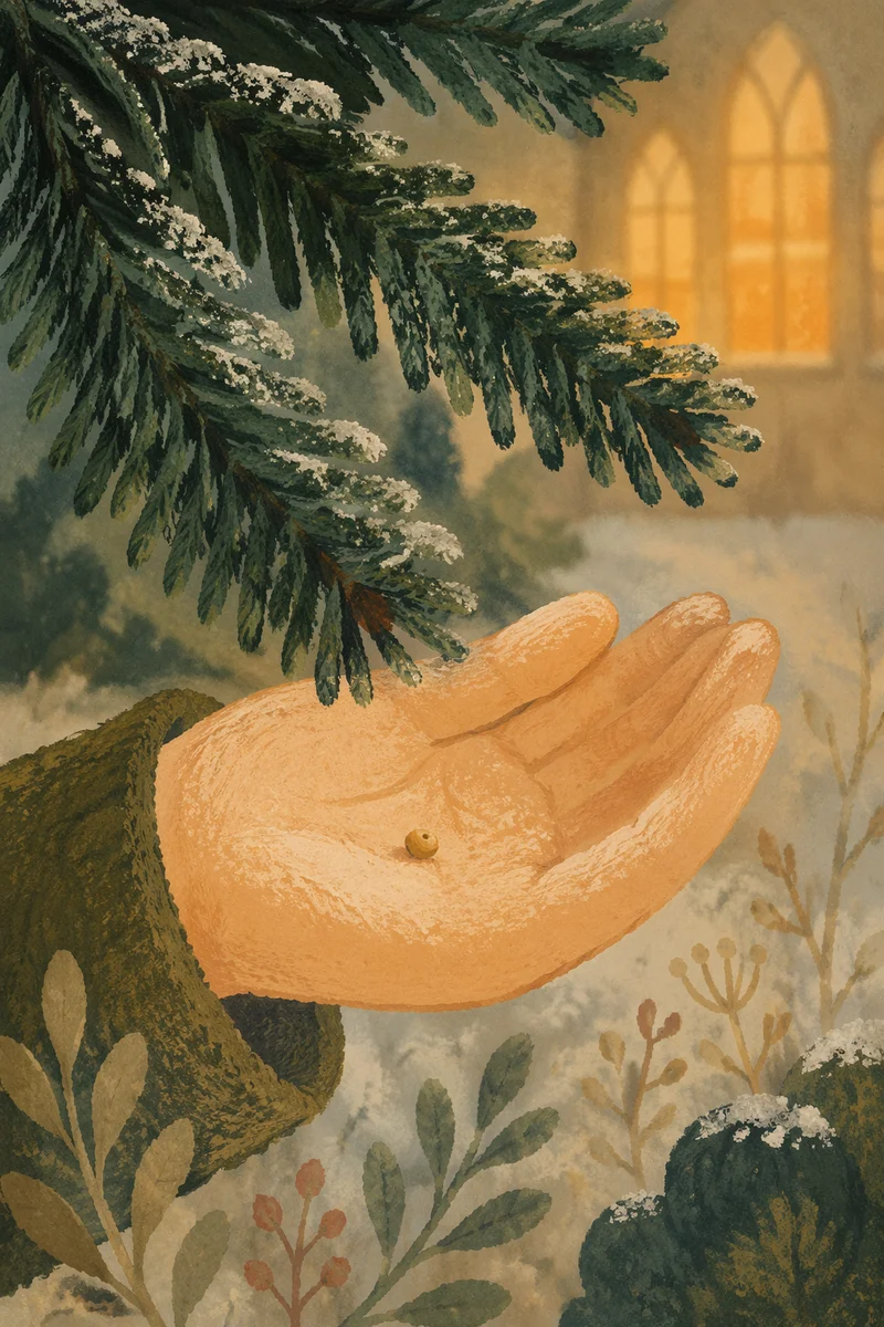 Mustard Seed in Hand Beneath Evergreen