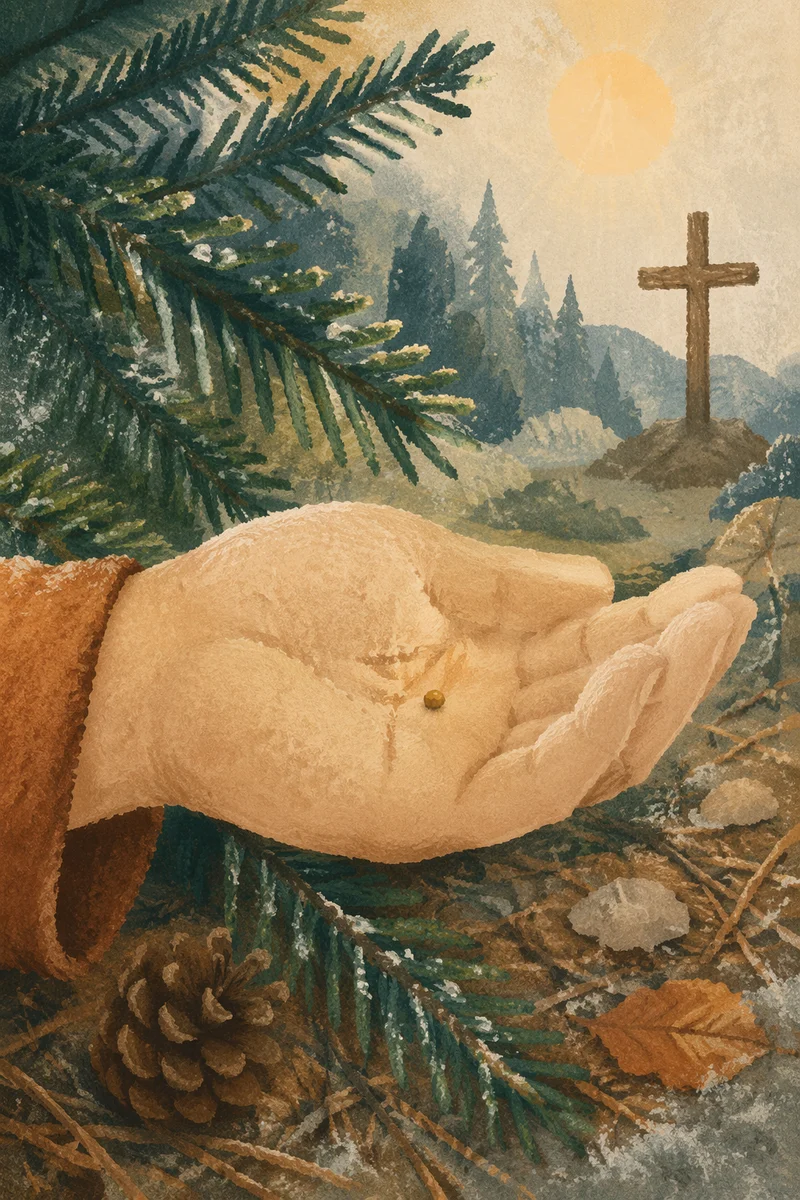 Mustard Seed in Palm Among Evergreens