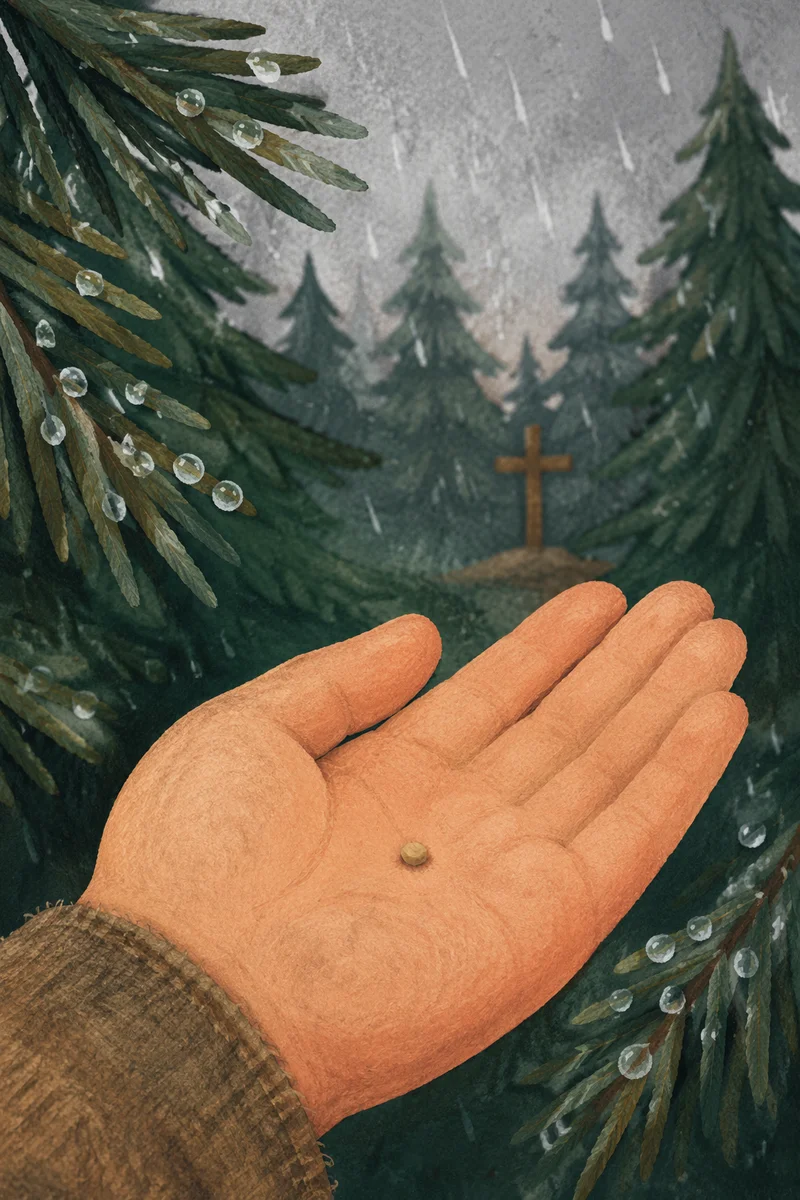 Mustard Seed in Hand with Evergreen Cross