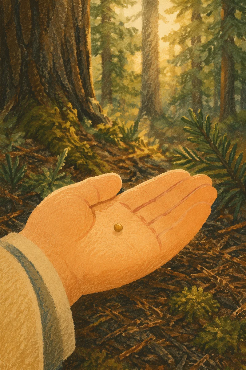 Mustard Seed in Hand Amid Evergreens